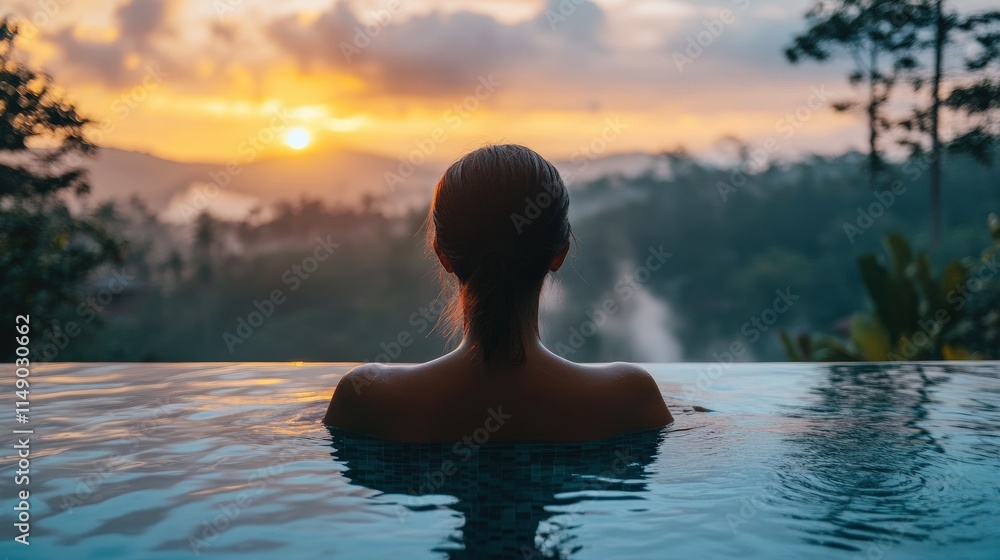 Woman relaxing in infinity pool at sunset, overlooking lush green landscape. Woman relaxing in infinity pool at sunset, overlooking lush green landscape.