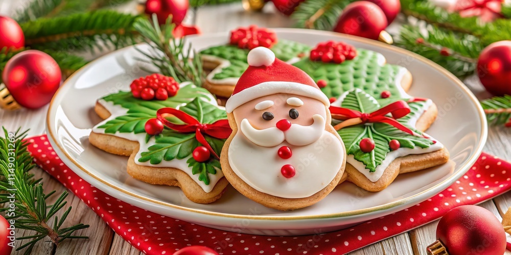 Festive Christmas Cookies on White Plate with Decorations Festive Christmas Cookies on White Plate with Decorations