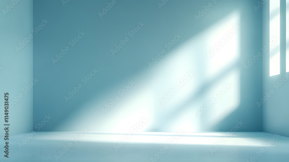 Shadow and light from windows on plaster wall. Minimal abstract light blue background for product presentation. Shadow and light from windows on plaster wall. Minimal abstract light blue background for product presentation.