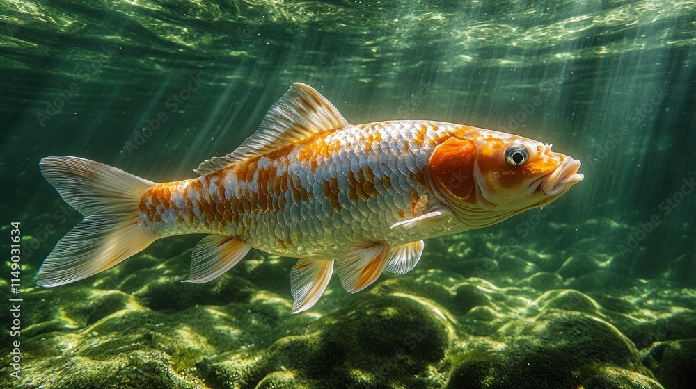 A vibrant koi fish swims gracefully underwater, illuminated by soft rays of sunlight. A vibrant koi fish swims gracefully underwater, illuminated by soft rays of sunlight.