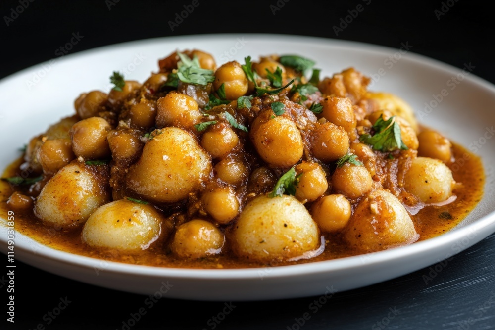 Close-up of chickpea and potato curry on a white plate. Close-up of chickpea and potato curry on a white plate.