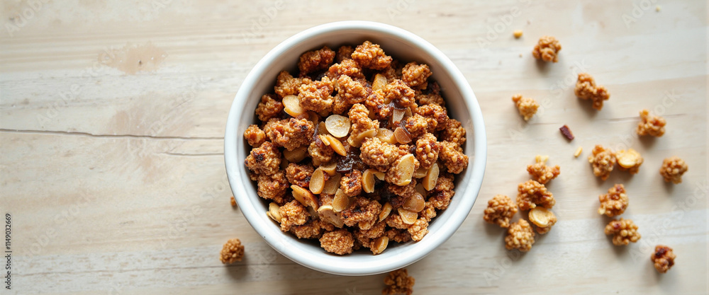 Crunchy Granola in White Bowl on Light Wooden Table Overhead Shot Neutral Tones Crunchy Granola in White Bowl on Light Wooden Table Overhead Shot Neutral Tones