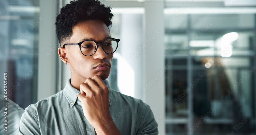 Obraz premium Office, thinking or creative man with solution, startup vision or future plan for problem solving choice. Ideas, reflection or designer daydreaming of business growth, inspiration or opportunity