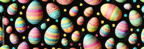 Colorful Easter eggs are scattered on a black background with vivid patterns like stripes, swirls, and geometric designs, accompanied by bright decorative floral elements