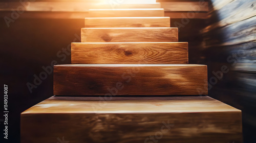 Wooden stairs ascending towards the light symbolizing the journey of business leadership and team strategy to reach new milestones and heights of success A visual metaphor for progress achievement photo