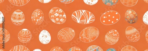 Easter eggs with intricate white floral and geometric patterns scattered on an orange background, creating a clean, artistic, and festive composition