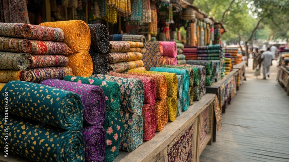 Fototapeta premium A vibrant market display of rolled textiles in various colors and patterns.