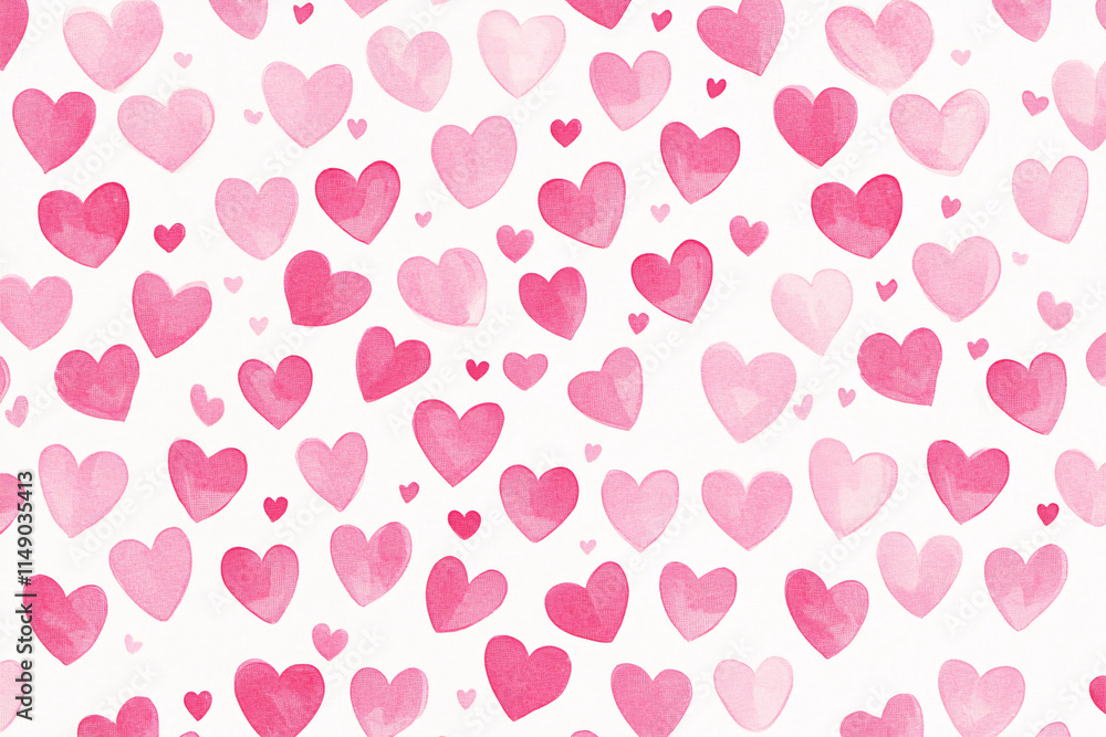 Seamless pattern of pink watercolor hearts in varying hues evenly scattered on a white background symbolizing love
Seamless pattern of pink watercolor hearts in varying hues evenly scattered on a white background symbolizing love