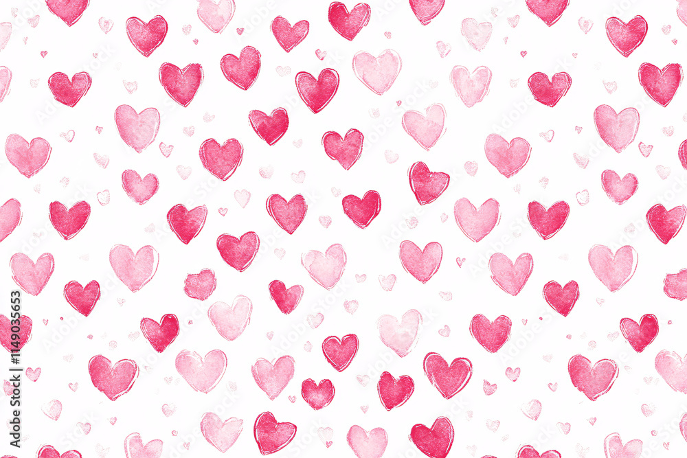 Pattern of bright pink and light pink watercolor hearts scattered across a white background creating a romantic design
Pattern of bright pink and light pink watercolor hearts scattered across a white background creating a romantic design
