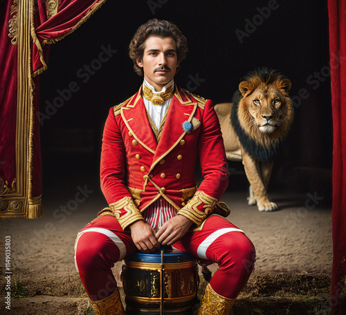 A circus performer in a red and gold uniform sits beside a regal lion, evoking themes of strength, elegance, and a theatrical setting