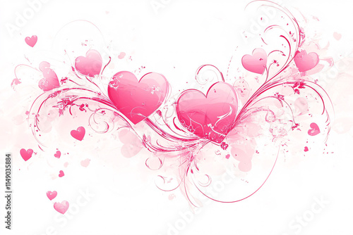 a swirled pink heart design with ornate flourishes and small hearts scattered on a white background  
