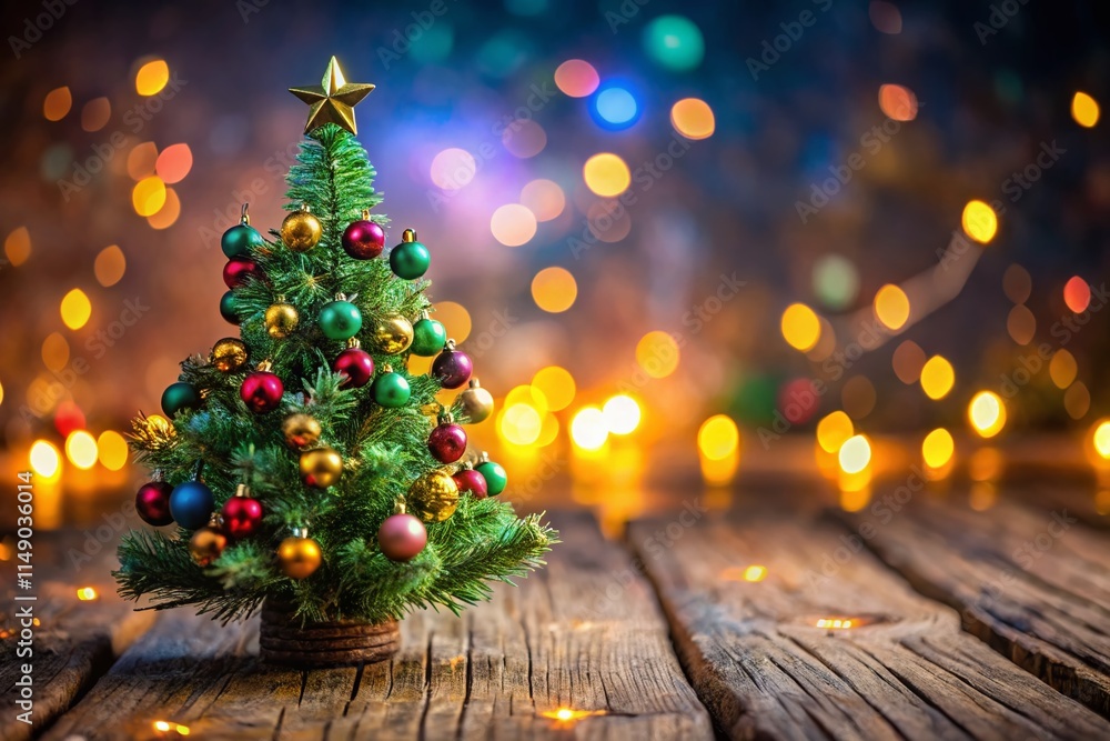 Festive Miniature Christmas Tree with Bokeh Lights - Holiday Decoration Stock Photo Festive Miniature Christmas Tree with Bokeh Lights - Holiday Decoration Stock Photo