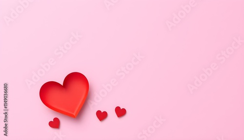 Empty Pink background with red paper hearts. A greeting card, a banner with a place for the text.