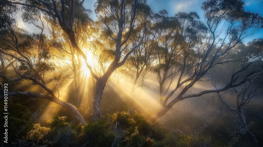 Fototapeta premium A stunning landscape featuring trees bathed in sunlight as rays penetrate through mist, creating an enchanting atmosphere.