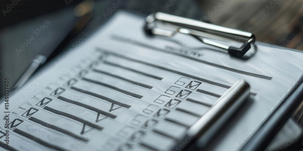 A clipboard with a checklist and pen, indicating organization and task management. A clipboard with a checklist and pen, indicating organization and task management.
