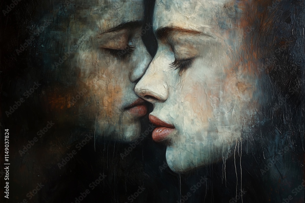 An artistic portrait depicting two faces merging, symbolizing unity and connection. An artistic portrait depicting two faces merging, symbolizing unity and connection.