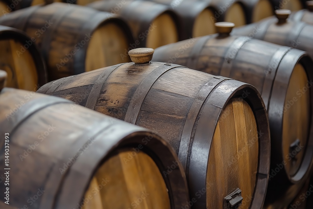 A collection of traditional barrels used in wine aging process. A collection of traditional barrels used in wine aging process.
