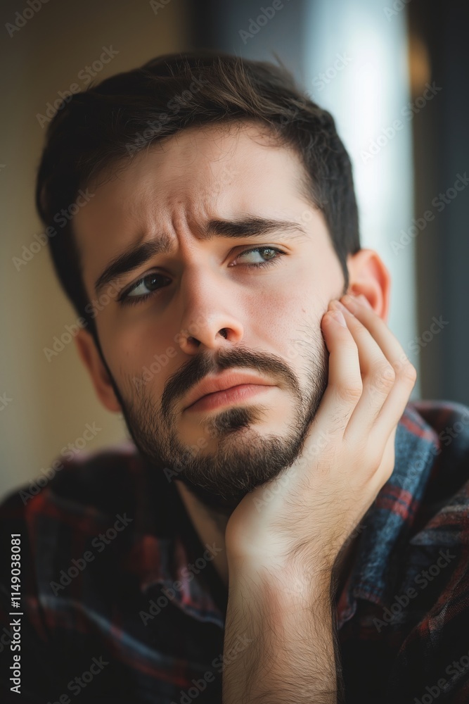 A young man lost in thought, reflecting emotions that resonate with everyday life experiences. A young man lost in thought, reflecting emotions that resonate with everyday life experiences.