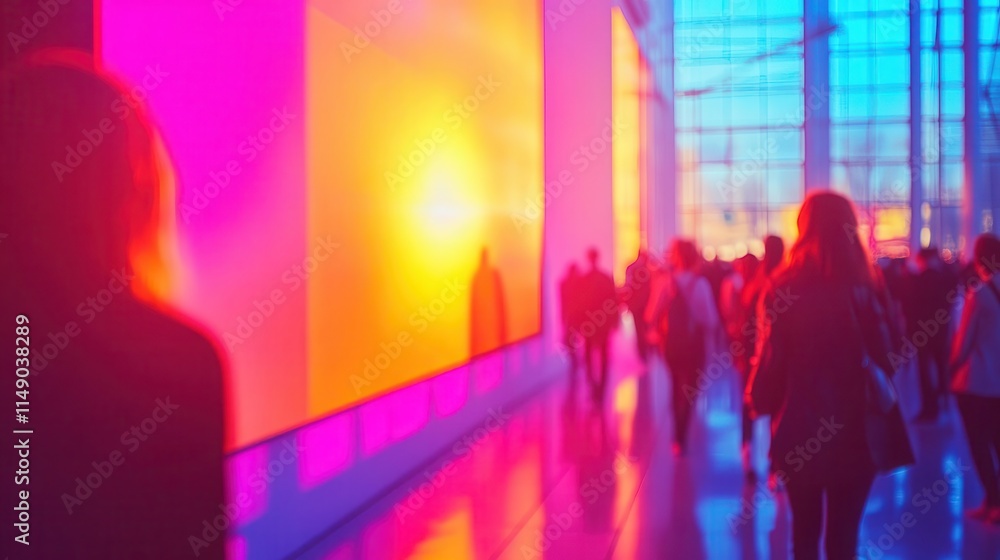 Obraz premium A bright hall with glowing visuals encouraging active engagement during a conference session, natural light enhancing the mood