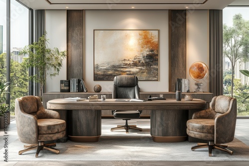Modern office interior with a large desk, chairs, and decorative elements.