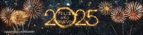 Wide Greeting card Happy New Year 2025, Spanish text