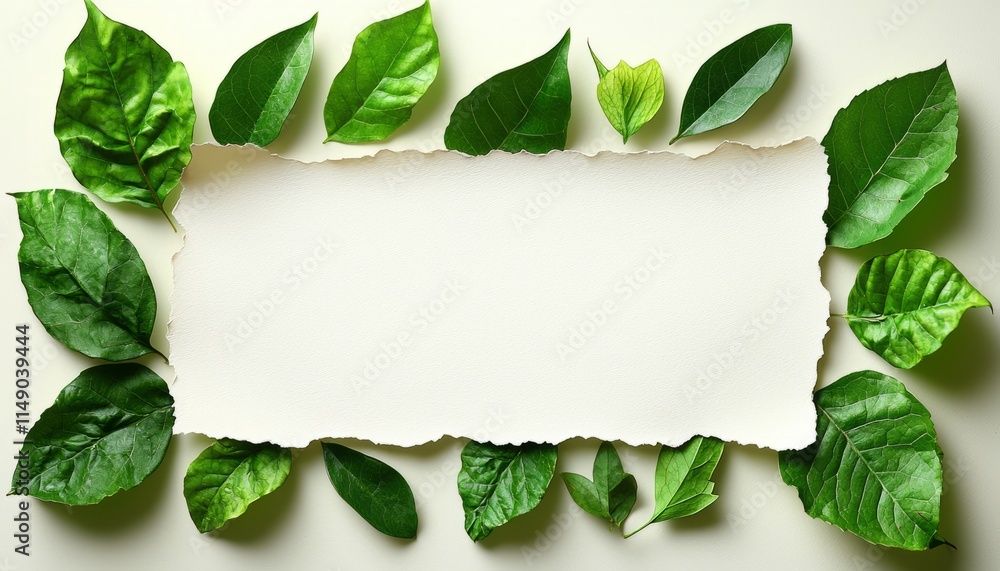 Fototapeta premium Green leaves frame a blank torn paper space