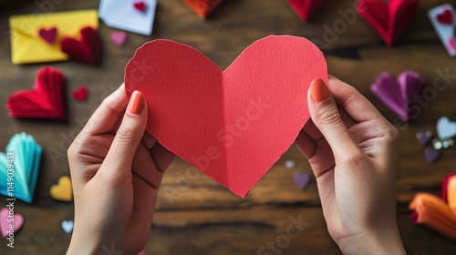 Hands Holding a Red Paper Heart Surrounded by Colorful Craft Hearts and Envelopes on a Rustic Wooden Surface for Valentine's Day or Romantic Theme photo