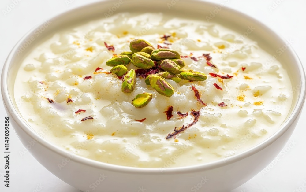Creamy rice pudding with pistachios and saffron. Creamy rice pudding with pistachios and saffron.