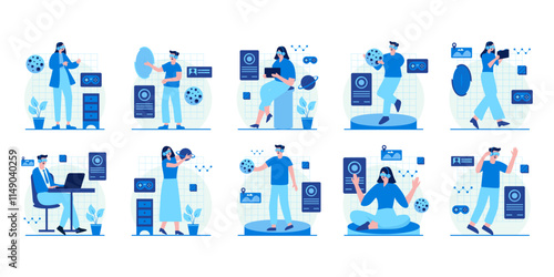 Metaverse concept flat illustration set. Includes of exploring a virtual world, playing games in VR, and socializing as avatars. Vector illustration isolated transparent background