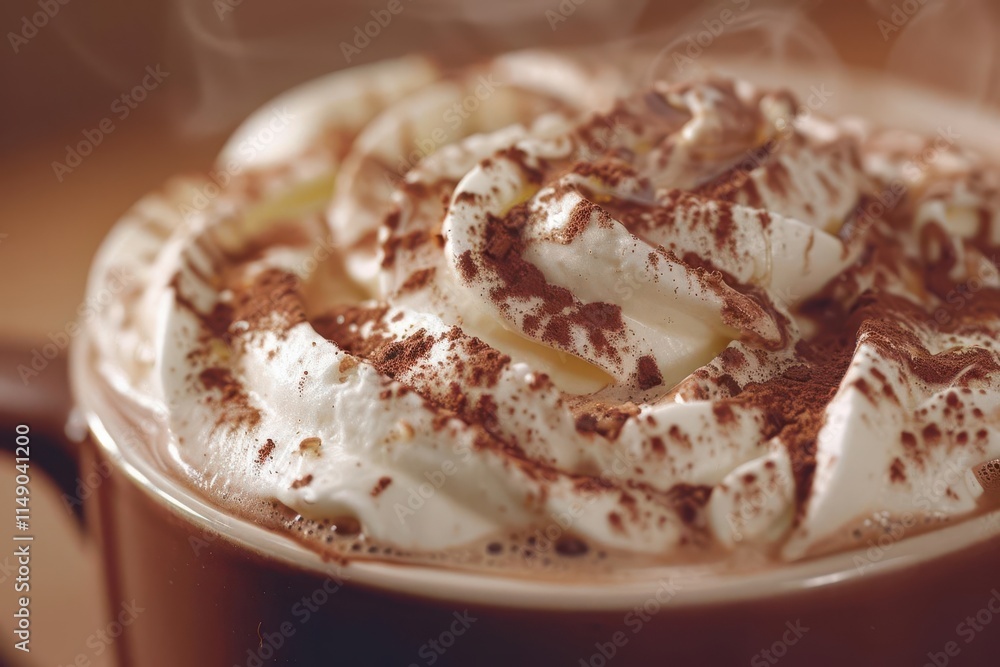 A close-up of a delicious hot chocolate topped with whipped cream and cocoa powder. A close-up of a delicious hot chocolate topped with whipped cream and cocoa powder.