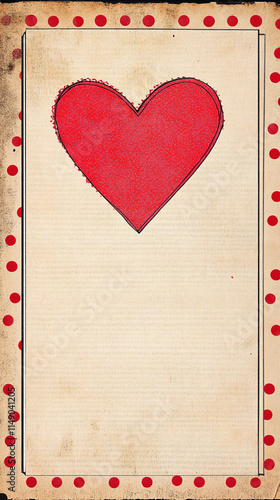 Vintage textured card design featuring a bold red heart at the center framed by dotted edges on a beige background  
 photo