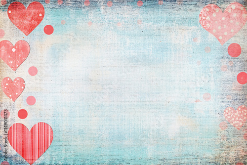 Soft pastel blue background bordered with red hearts and dots creating a romantic and artistic frame design  
 photo