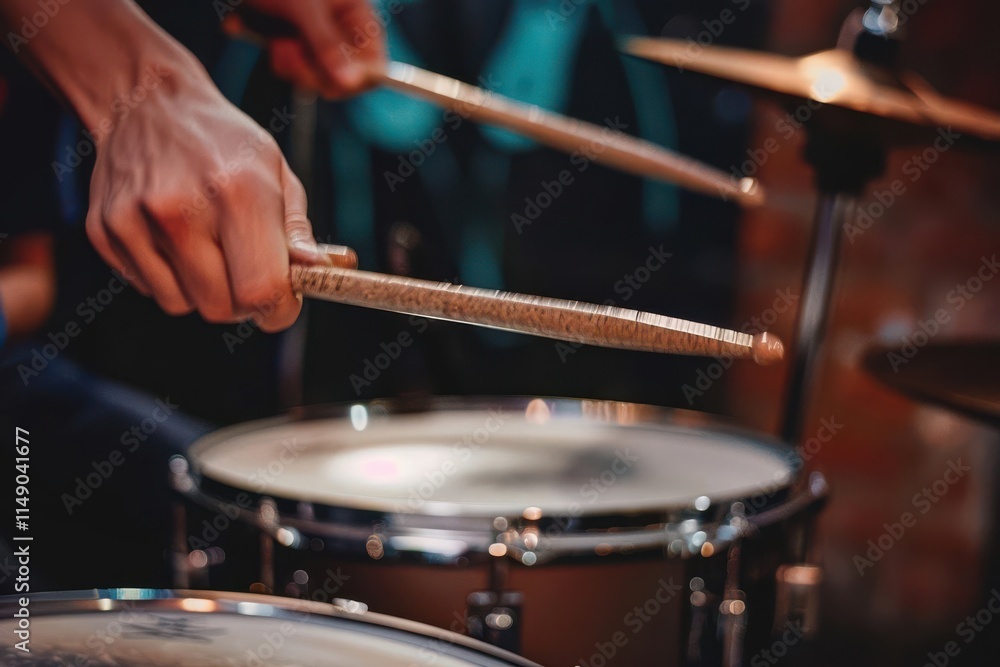 A close-up of a drummer's hands playing the drums with sticks in a lively setting. A close-up of a drummer's hands playing the drums with sticks in a lively setting.