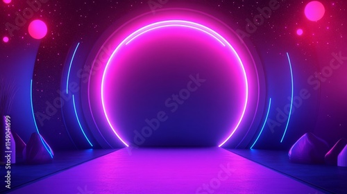 Colorful Neon Lights Illuminate a Vibrant Stage Design for a Futuristic Event or Performance, Creating an Immersive Atmosphere photo