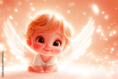 3d cartoon Adorable Baby Angel with white wings, in a playful and bright atmosphere, for Christmas, or holiday themes photo