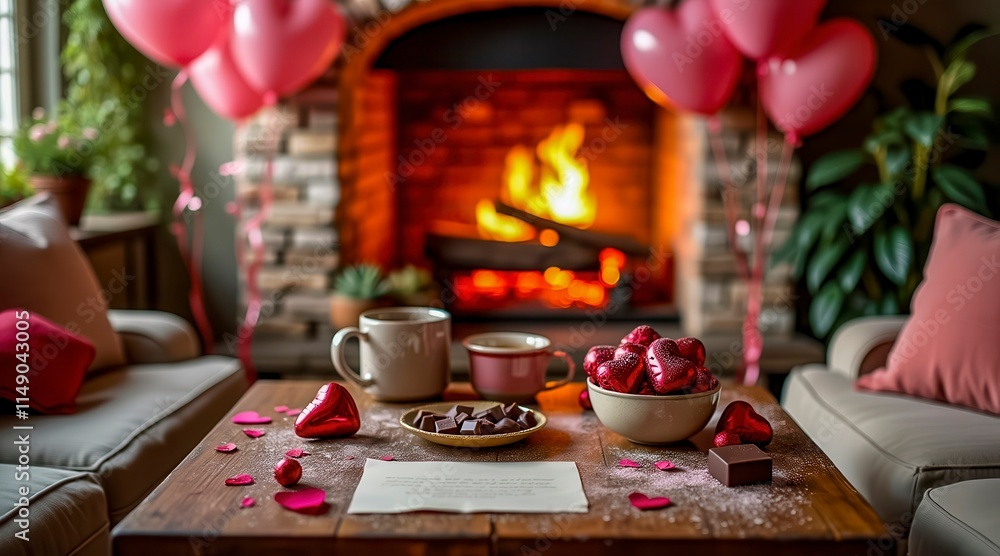 Cozy Living Room Decorated for a Romantic Celebration With Heart-Shaped Balloons and a Warm Fire Cozy Living Room Decorated for a Romantic Celebration With Heart-Shaped Balloons and a Warm Fire