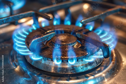 A close-up of a gas stove burner ignited, showcasing blue flames for cooking. photo