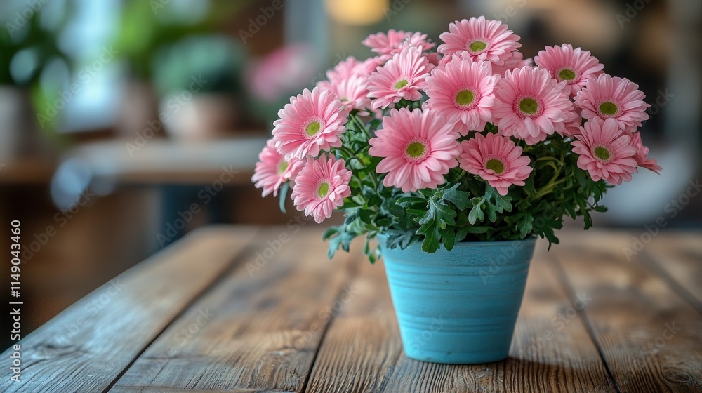 Obraz premium A vibrant pink flower pot on a wooden table, adding charm to the indoor space.