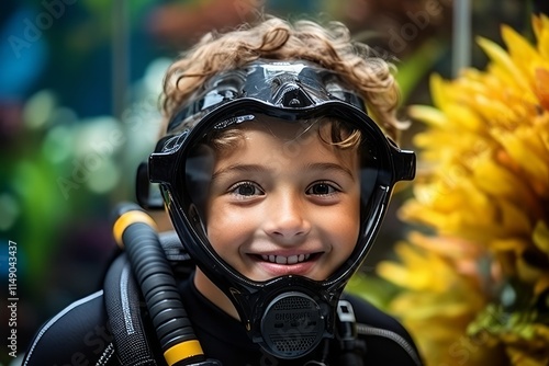 Cute little boy in scuba diving suit smiling and looking at camera photo