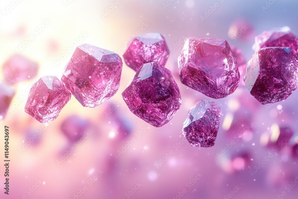 A collection of sparkling purple crystals floating in a dreamy background. A collection of sparkling purple crystals floating in a dreamy background.