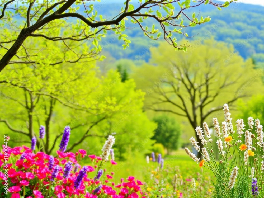 Obraz premium Beautiful and vibrant outdoor background with trees, flowers, and a flowing river, serene, nature