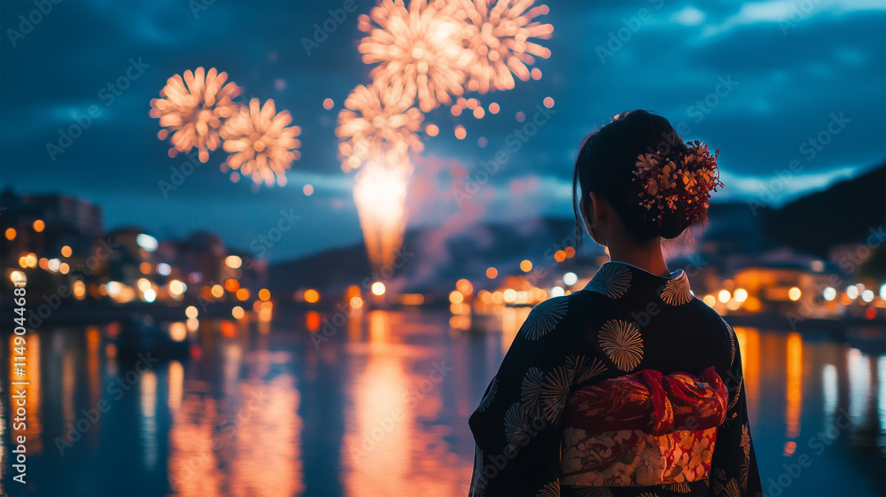 夏の花火大会と河川敷に映える着物姿の日本人女性の後ろ姿 夏の花火大会と河川敷に映える着物姿の日本人女性の後ろ姿