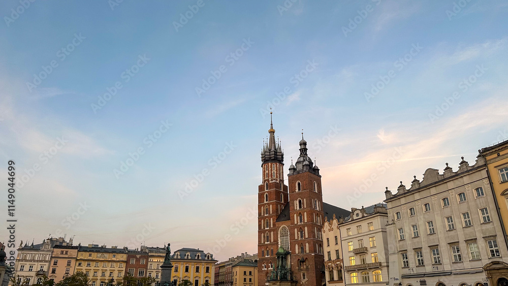 Fototapeta premium Krakow Old Town St. Mary's Basilica Main Market Square St Florians gate and Barbakan Royal Castle St. Joseph's Church