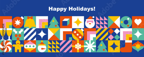 Christmas and New Year banner template for card, invitation or advertising. Seamless border with icons in abstract modern flat style. Happy holidays. Winter wishes. Vector illustration.