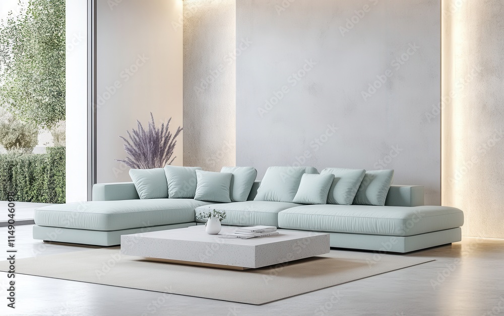 Fototapeta premium Levanto living room with pastel mint sectional and polished concrete table