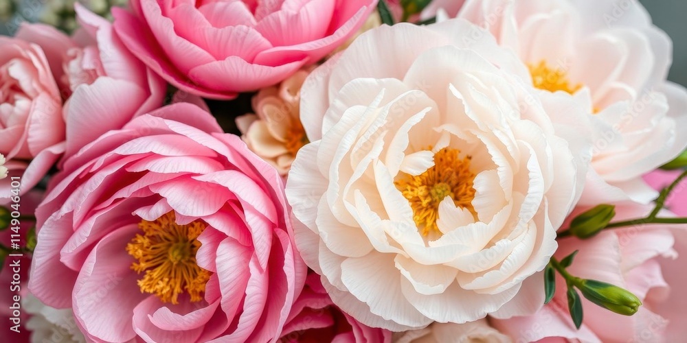 Pink peony flowers in full bloom with a soft blurred background, close-up, decorative Pink peony flowers in full bloom with a soft blurred background, close-up, decorative