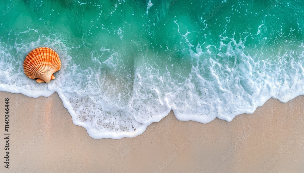 Seashell on Sandy Beach with Turquoise Ocean Wave Seashell on Sandy Beach with Turquoise Ocean Wave