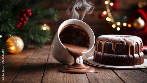 A tilted cup of rich hot chocolate spilling on a festive table with a luscious chocolate dripped holiday cake. photo