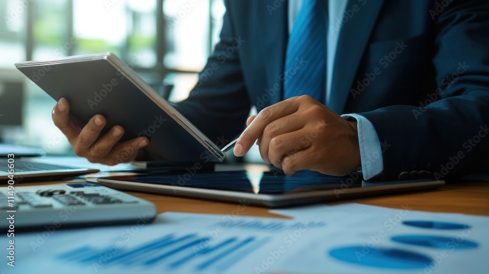 Businessman using tablet, analyzing data.