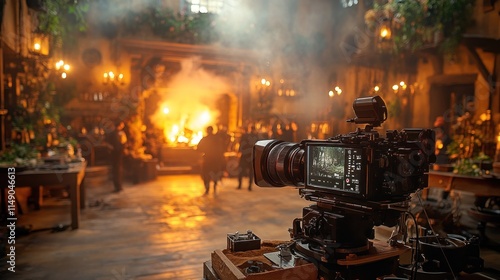 Wallpaper Mural A film camera captures a dramatic scene with smoke and fire in a rustic setting. Torontodigital.ca